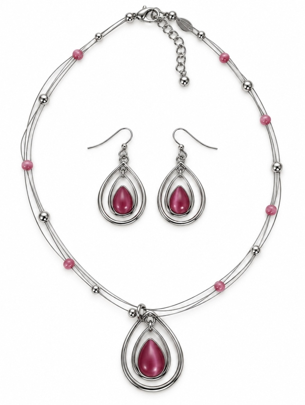 Lia Sophia Pink Cat Eye Teardrop Necklace & Earrings Set Silver Tone